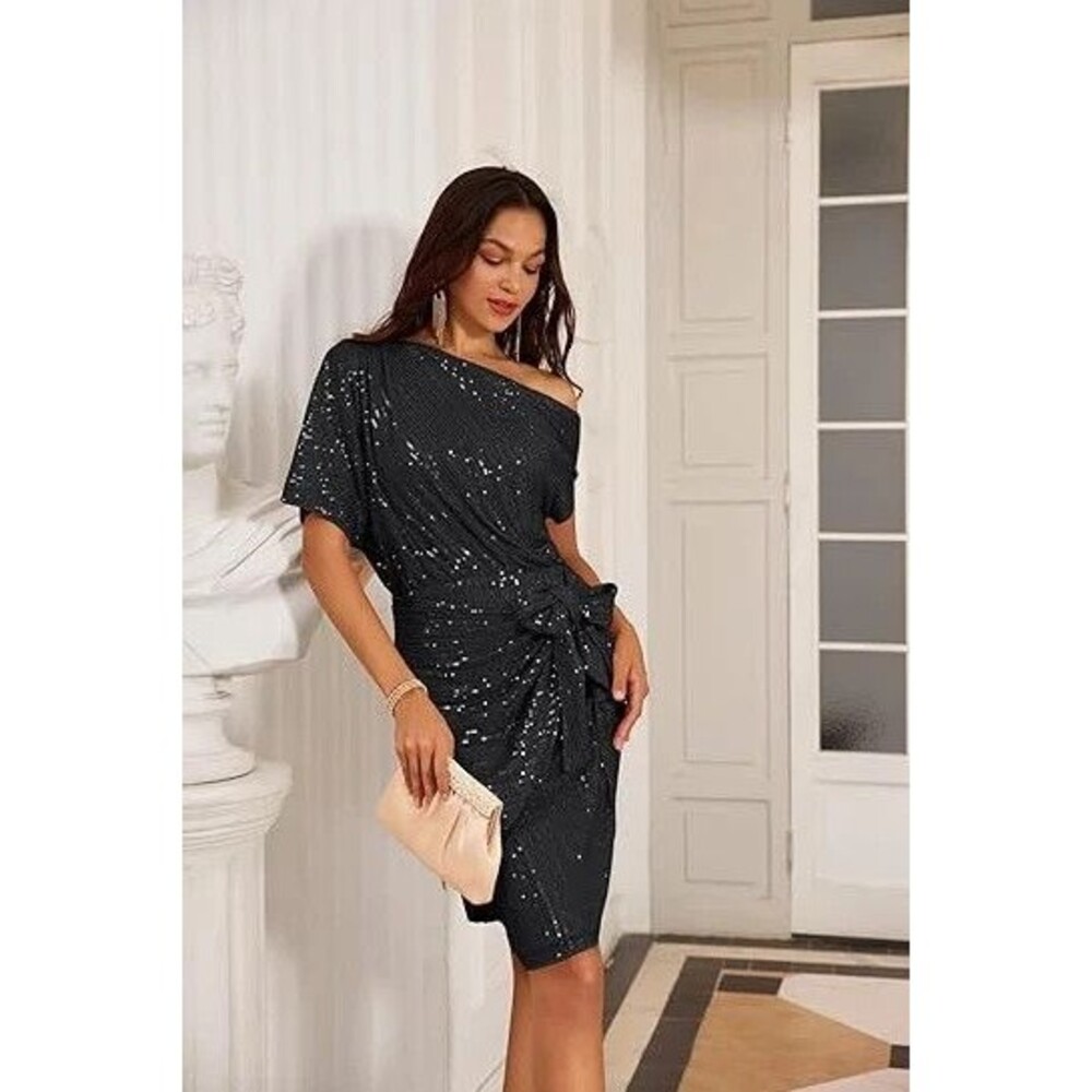 GRACE KARIN Women's Sequin Sparkly Glitter One Shoulder Ruched Bodycon Dress - M